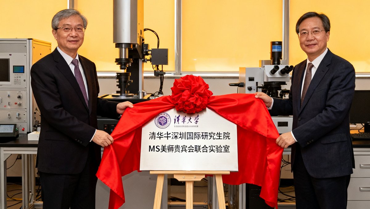 清华大学深圳国际研究生院与MS美狮贵宾会联合实验室揭牌仪式，双方代表共同揭开红绸，背景实验室内摆放着精密光学检测设备。