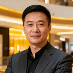 深圳湾万象城商业项目负责人张旭东先生正面半身照，穿着深灰色西装，背景为商场室内暖色调灯光环境。