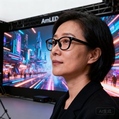 上海电影制片厂虚拟拍摄技术总监李婉清女士侧面照，戴着黑框眼镜，身后是正在运行的AmLED虚拟背景墙，屏幕上显示着科幻城市场景。