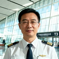 广州白云机场信息中心主任王建国先生正面照，穿着机场制服，背景为T3航站楼出发大厅明亮通透的玻璃幕墙空间。